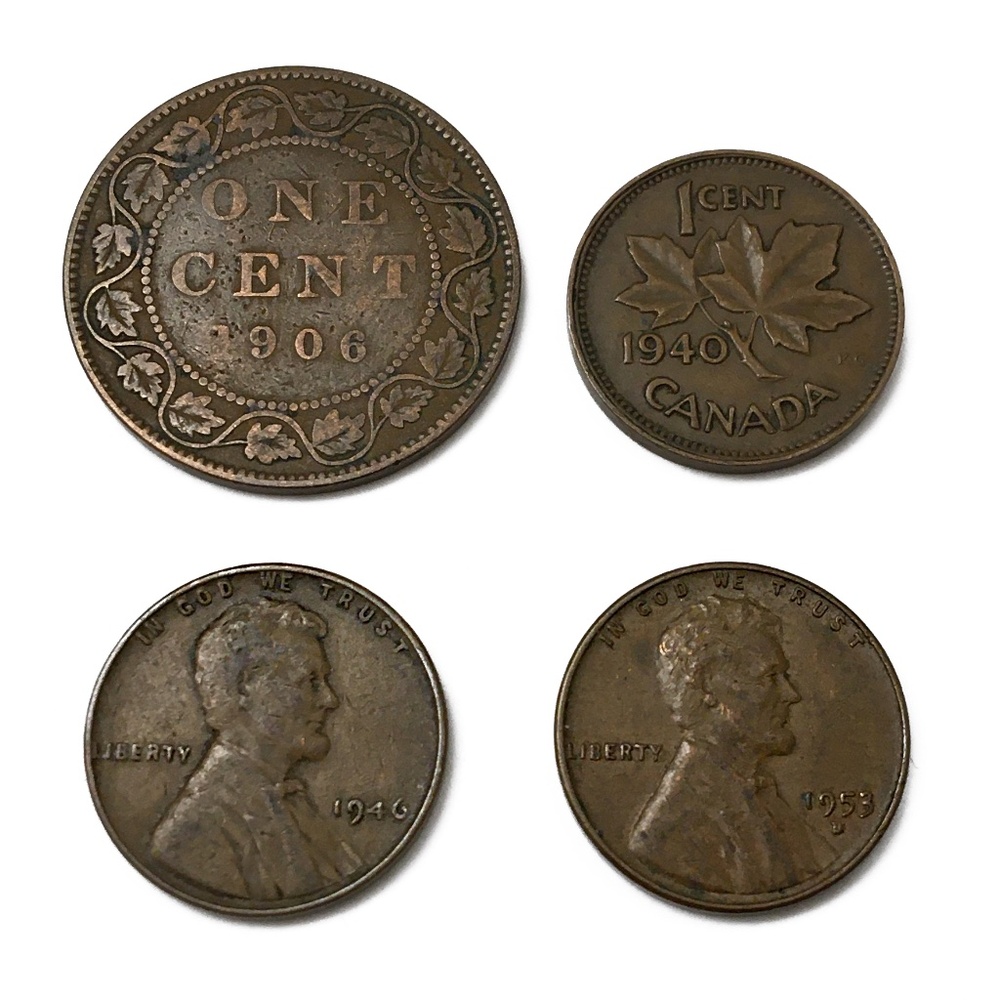 Four Antique Pennies, Canada and USA